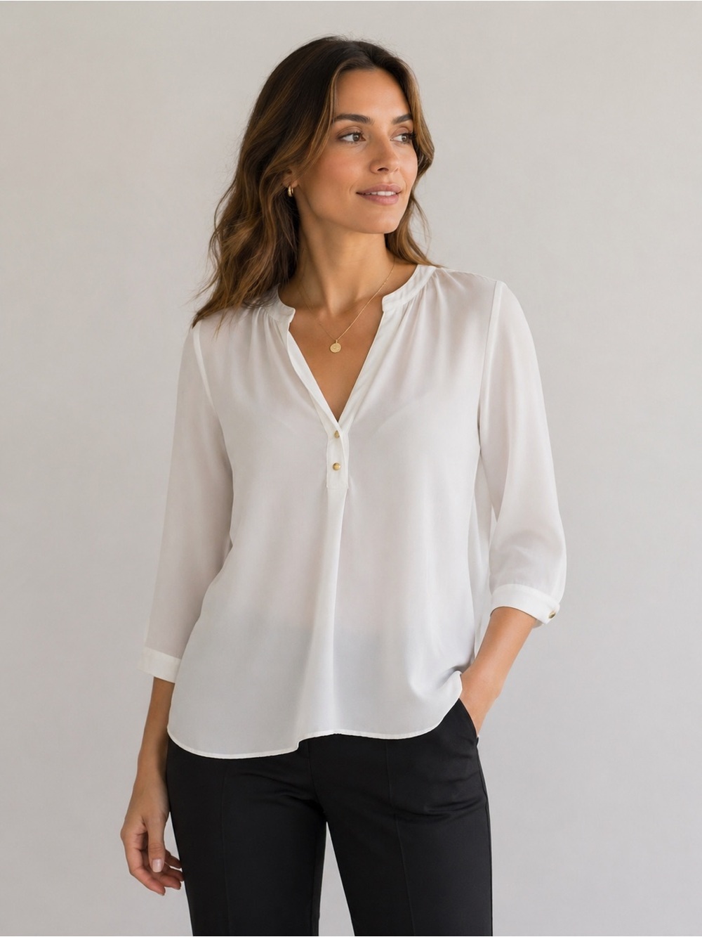 Zara Basic white sheer blouse with a V-neck, three-quarter sleeves Size L